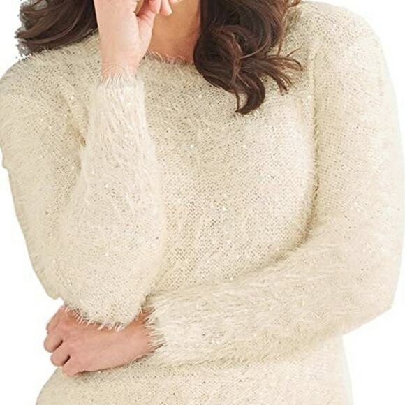 Red - Ivory Sparkle Eyelash Knit Sweater Crew neck Longer Length Size Large - Picture 4 of 13
